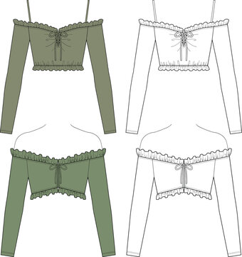 Women off the shoulder spaghetti strap ruffle peasant crop top technical fashion flat sketch vector template set for tech pack design