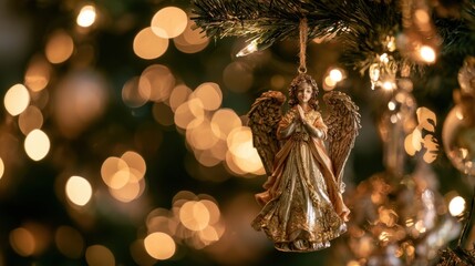 Fototapeta premium Close-up of intricate angel ornament hanging on decorated fir tree branch with warm glowing bokeh lights in festive holiday background
