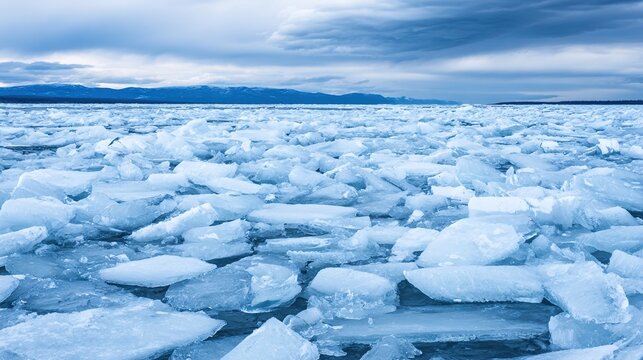 floe. A massive glacier breaking apart, ice fragments drifting in arctic waters. ESG reports, sustainability campaigns, designed for environmental awareness campaigns, used by event planners.
