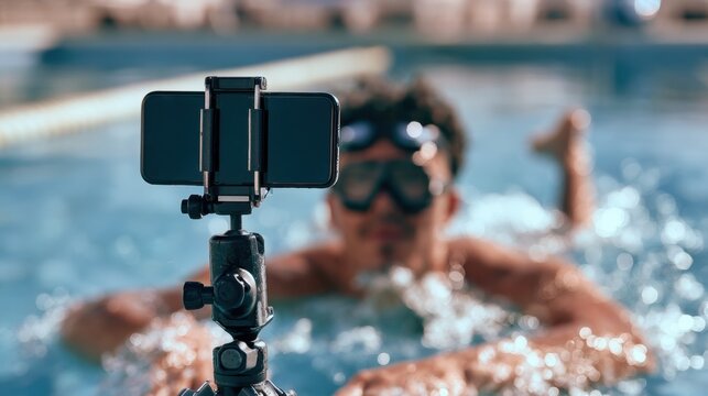Outdoor summer pool setting with young man wearing swim goggles capturing video using smartphone camera mounted on tripod for social media content creation