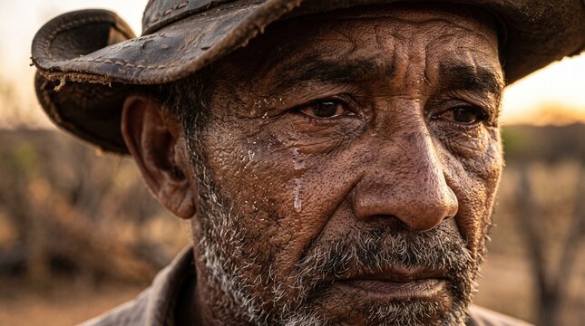 Weathered Brazilian vaqueiro in distress with tear rolling down sunburned face under wide-brimmed hat