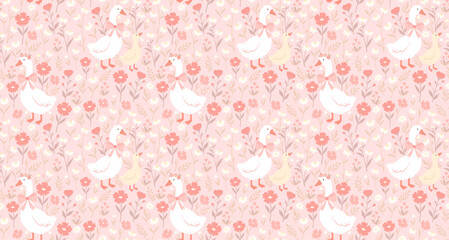 A seamless vector pattern with cute cartoon geese and goslings, wearing pink bows and floral crowns, amidst pink and white wildflowers. © โยธิน ทุมจีน