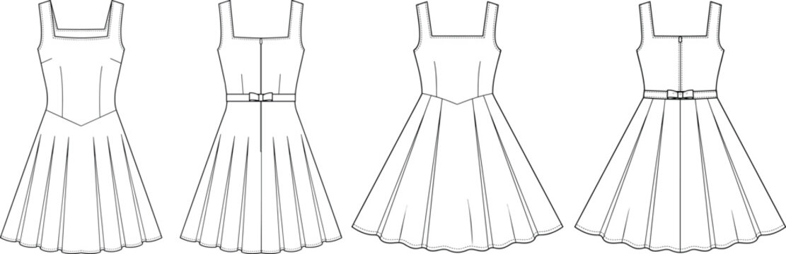 Women sleeveless square neck pointed waist flared pleated skater dress technical fashion flat sketch vector template set showing front and back views