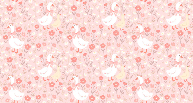 A seamless vector pattern with cute cartoon geese and goslings, wearing pink bows and floral crowns, amidst pink and white wildflowers.