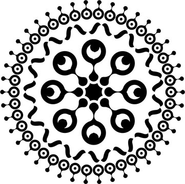 Abstract black and white geometric mandala pattern. Stylized circular vector design resembling cells, viruses, or eyes. Modern minimal graphic element.