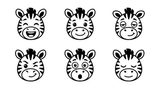 Zebra Heads Set with Various Expressions, Cartoon Style Illustration. Cute Animal Icons, Vector Design Elements.