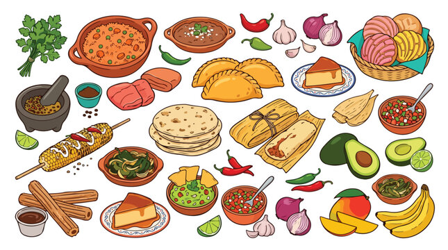 Collection of delicious traditional Hispanic food vector illustrations with various dishes and ingredients