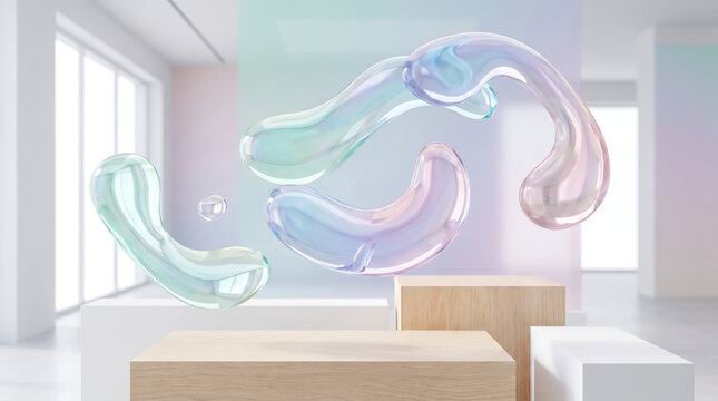 Floating iridescent abstract shapes above wooden pedestals