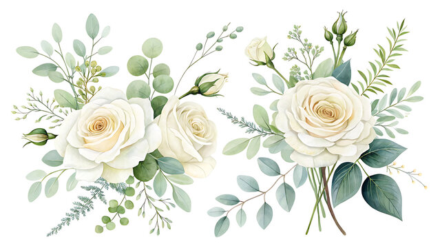 Elegant white rose floral arrangements with eucalyptus leaves and greenery on white background