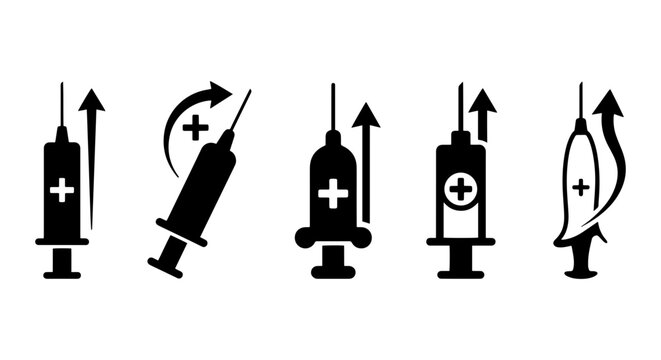 Syringe Icons Set, Medical Injection Symbols, Healthcare Vector Graphics, Vaccination Concept