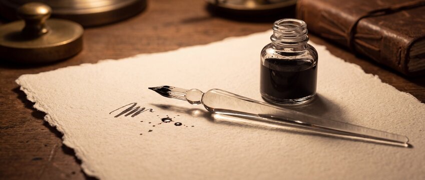 Glass ink pen resting on handmade paper with dark ink well and leather journal for writing letters or classic stationery creative designs