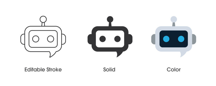 Set of chatbot icons. Icon element for a customer support chatbot,  artificial intelligence branding, app, and web. Interfaces and mobile app menu. AI assistant conversation. Vector editable stroke.
