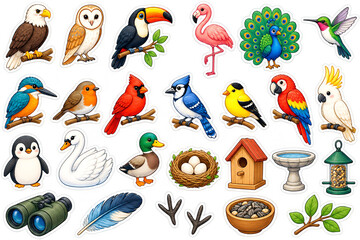 Naklejka premium Collection of colorful bird illustrations with detailed plumage and natural perches