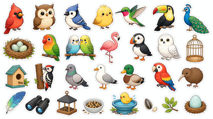 Fototapeta premium Collection of colorful cartoon birds nests and birdwatching accessories on a white background