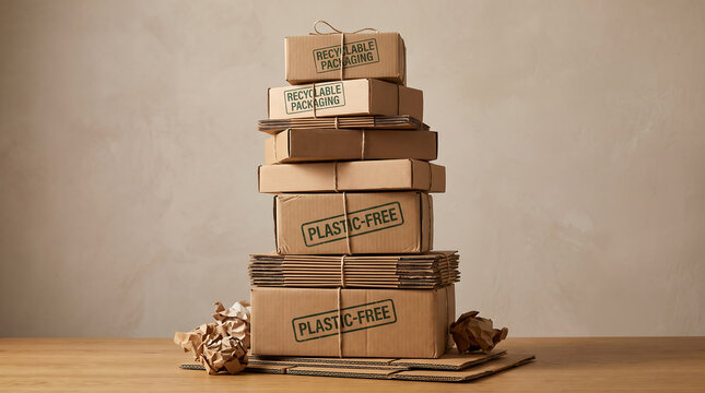 Stack of recyclable cardboard boxes with plastic free stamps