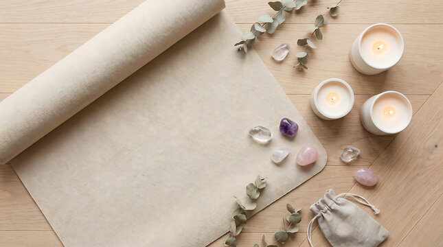 High angle view of a beige yoga mat surrounded by amethyst crystals lit candles and eucalyptus on a light wood surface. Perfect for wellness and spiritual practice content.