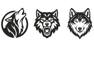 Fototapeta premium Three gray wolf head illustrations against a black background