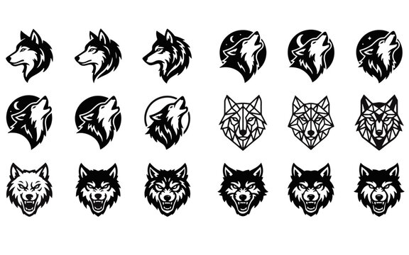 Collection of stylized wolf head designs in a monochromatic vector style