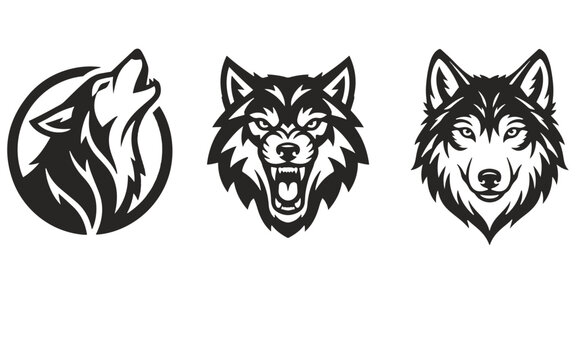 Three gray wolf head illustrations against a black background