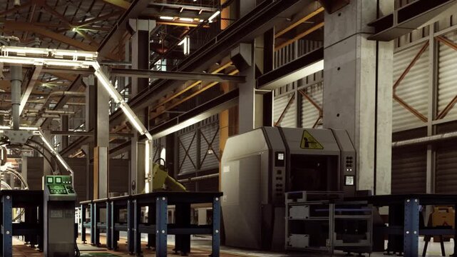 A factory setup with machines and robotic arms. The environment has large windows and metal structure details. Equipment runs while workers observe and manage operations.