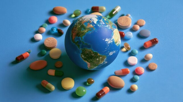 Earth globe surrounded by assorted colorful pills and capsules on blue background symbolizing global health medical treatment and pharmaceutical industry challenges