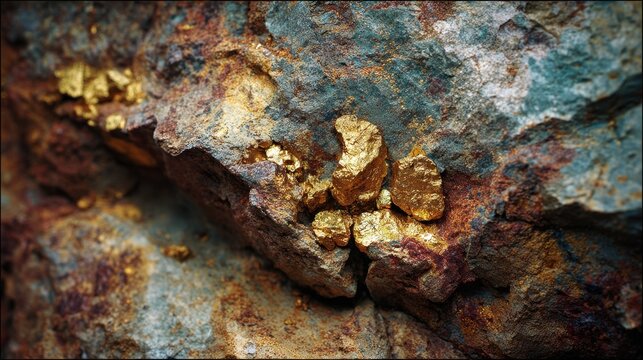 Gold nuggets embedded in raw ore rock, photorealistic macro closeup