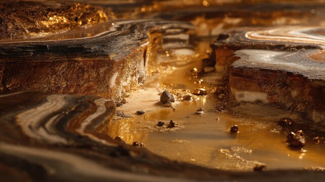 Macro close-up of layered rock formation with golden mineral deposits and liquid