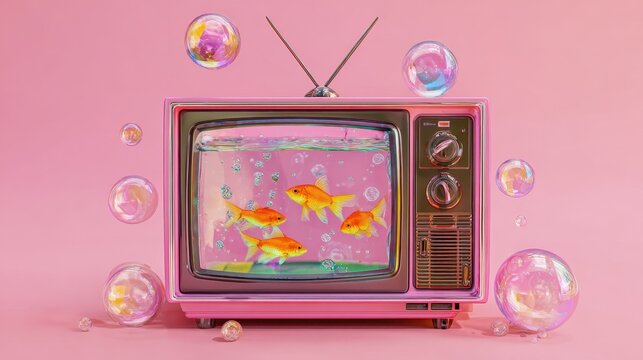 Retro pink television set with goldfish aquarium screen and soap bubbles, 3D render