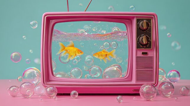 Retro pink television set with goldfish aquarium screen and floating bubbles