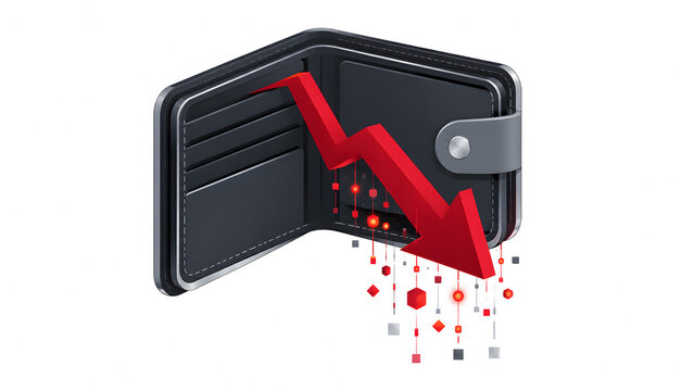 Open leather wallet with a red downward arrow chart bursting into particles, representing financial loss, personal bankruptcy, inflation and economic crisis