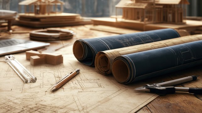 Architect desk with detailed building blueprint rolls, wooden architectural models, drafting compass, pencil, and ruler, focused on design and construction planning process