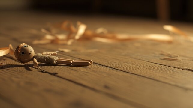 inactive. A marionette doll lying on a wooden floor with its strings cut and scattered. wellbeing guides, coaching materials, designed for coaching and self-improvement content, clarifies learning.