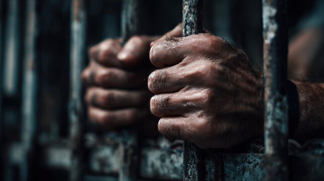 Man's hands gripping rusty prison bars in dramatic close-up shot