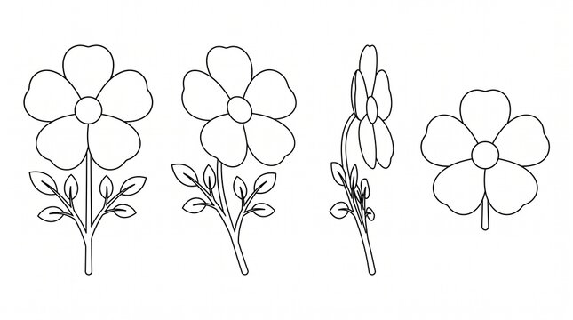 Set of Minimalist Flower Line Art Illustrations for Coloring Page and Floral Design