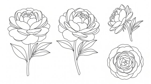 Peony Flower Line Art Set - Hand Drawn Floral Vector Illustrations for Coloring Books and Botanical Design Projects