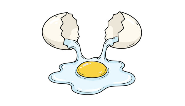 Cartoon vector drawing of a cracked open eggshell with fresh yellow yolk and liquid egg white on a white backdrop.