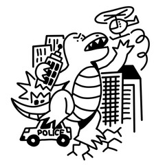 Giant monster rampaging city, police chase, bold black line cartoon chaos art © Dani