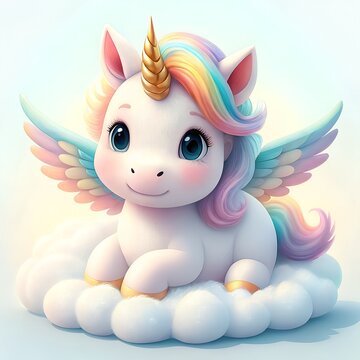 Cute magical baby unicorn pegasus sitting on soft cloud with pastel wings 3d digital illustration