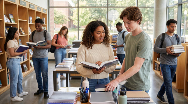 College students browsing books together in a spacious bookstore  
