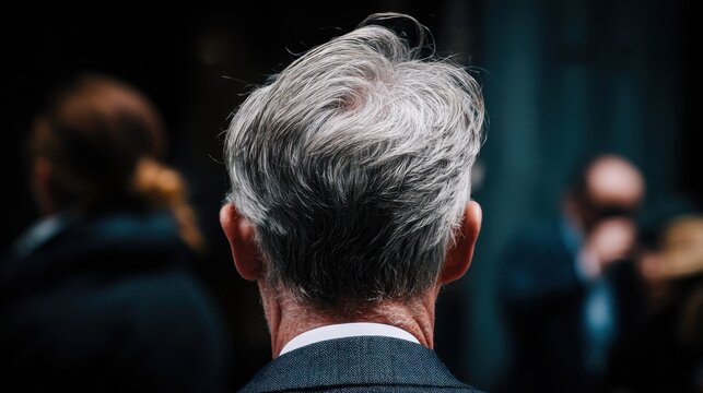 Rear view of mature businessman with silver hair in crowd, photorealistic
