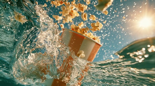 Dynamic underwater shot of a striped container spilling popcorn with sunlight glistening on water surface creating vibrant splash and motion effect