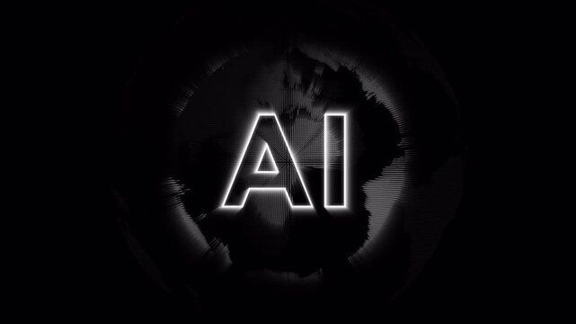 Animated AI text over a rotating digital sphere with futuristic technology effect and alpha channel, ideal for artificial intelligence, data and innovation concepts
