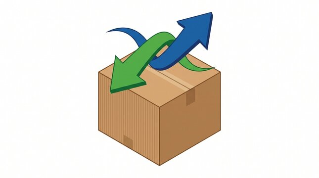 Cardboard shipping box with exchange arrows showing return or logistics concept in isometric