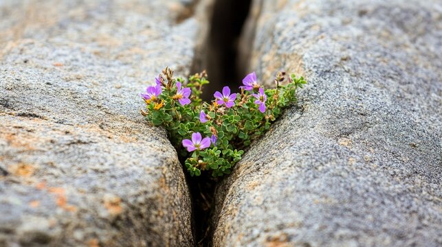 resilient. Wildflowers blooming from a crack in a large gray rock. ESG reports, sustainability campaigns, designed for sustainability communications and ESG reporting, drives climate awareness.