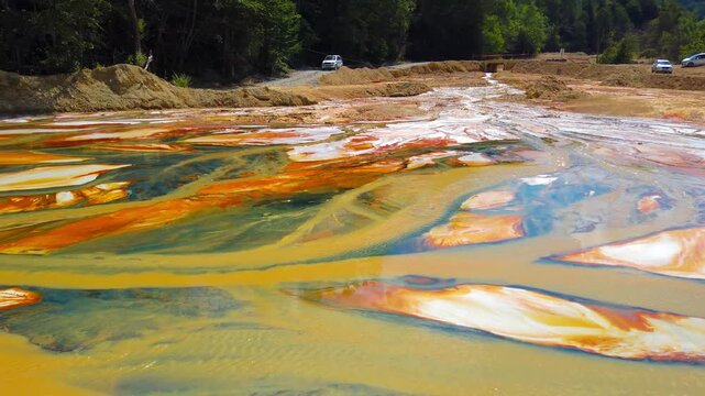 A stream with industrial pollutants at Geamana, a toxic tailings lake in Alba County, Romania. Pollution in nature. Toxic substances spilled in nature. Environment bacground