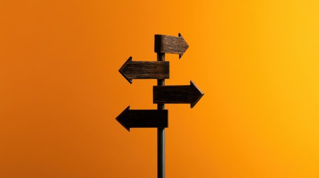 Wooden directional signpost with four arrows pointing in different directions on a single pole against a vibrant orange background symbolizing choice and decision making
