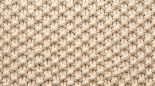 Creamy wool knit textile with intricate stitch pattern during soft studio lighting