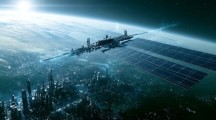 Naklejka premium Orbital solar energy platform powering a sustainable futuristic city on Earth, wireless electricity transmission, smart grid infrastructure