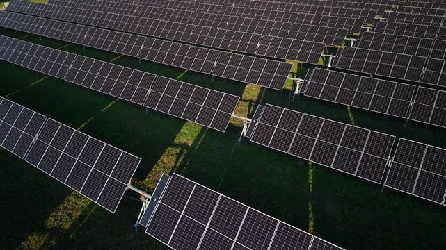 Oblique Aerial View of Solar Panel Rows and Long Shadows