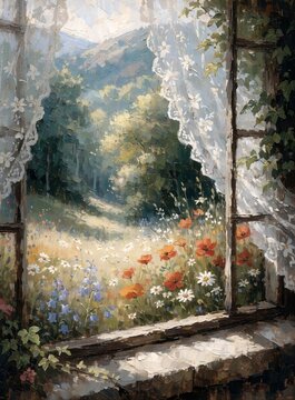 Open window with lace curtains viewing sunny summer flower garden painting